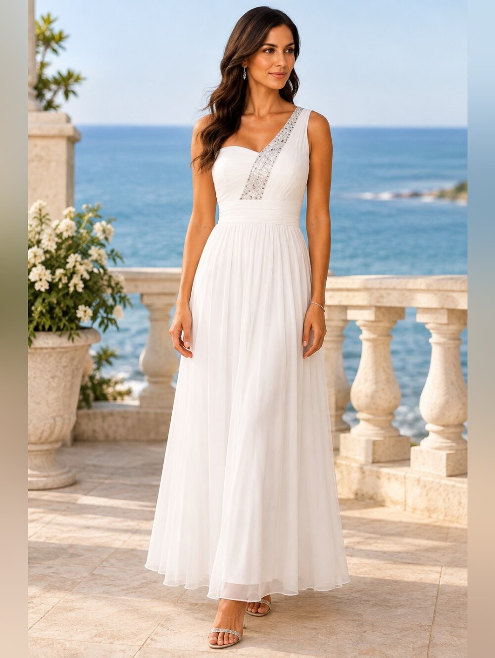 City Triangles White One Shoulder Rhinestone Formal Gown Size Large Elegant Maxi